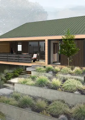an architectural rendering of the Richmond Residence. The rendering shows a terraced planter in the front yard along with steps that lead up to the covered front porch. The building is a very simple and modern single gable form with intentional expression of a metal roof and soft wood cladding.