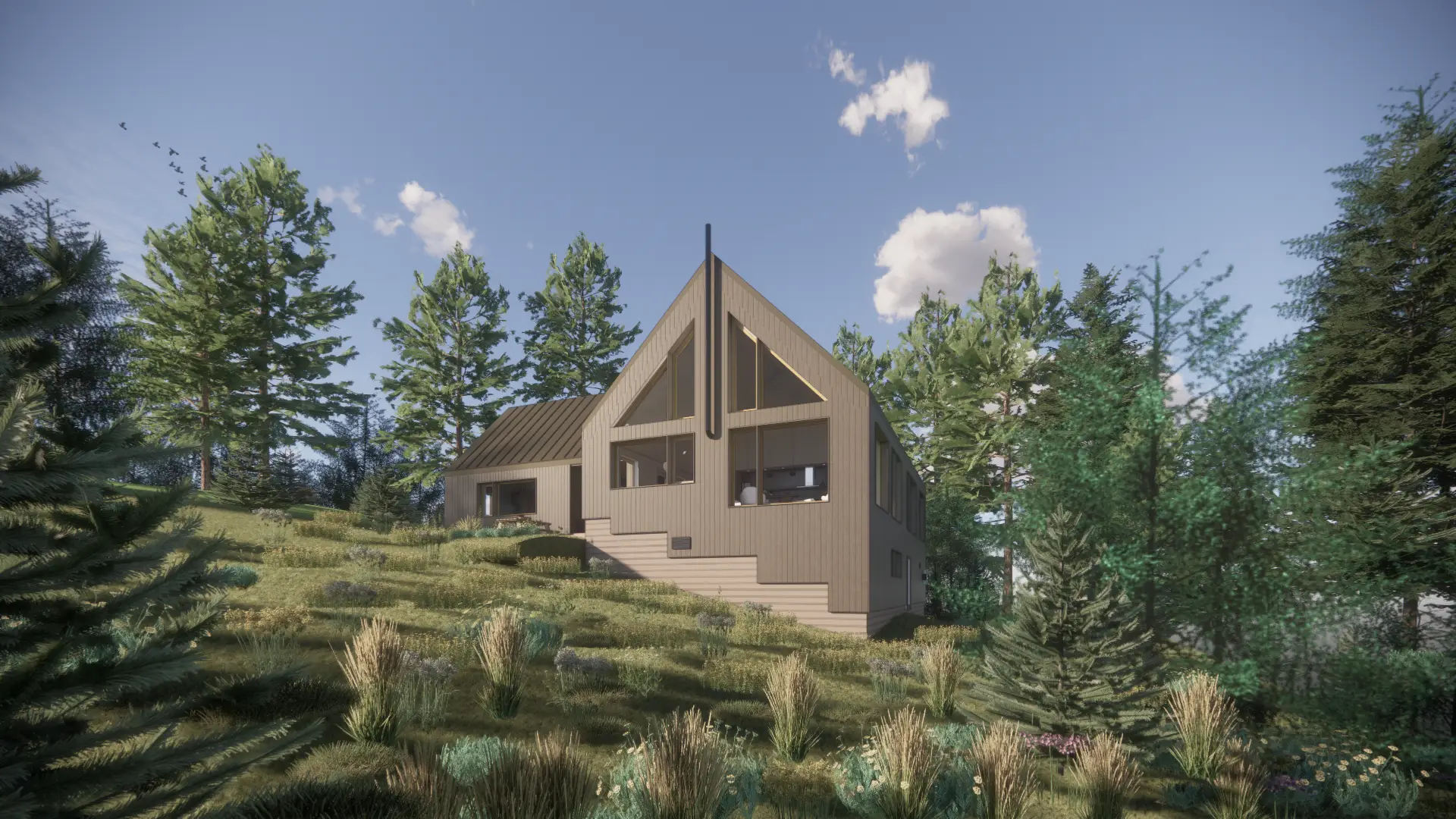 A rendering depicts a modern, high-performance home designed for a sloped, forested hillside. The primary structure features a prominent steeply gabled roof, similar to a modern A-frame. This shape is not only aesthetically striking but also highly efficient for managing snow and rain in the Pacific Northwest. The home is clad in vertical wood siding, which helps the structure blend naturally into its wooded surroundings.