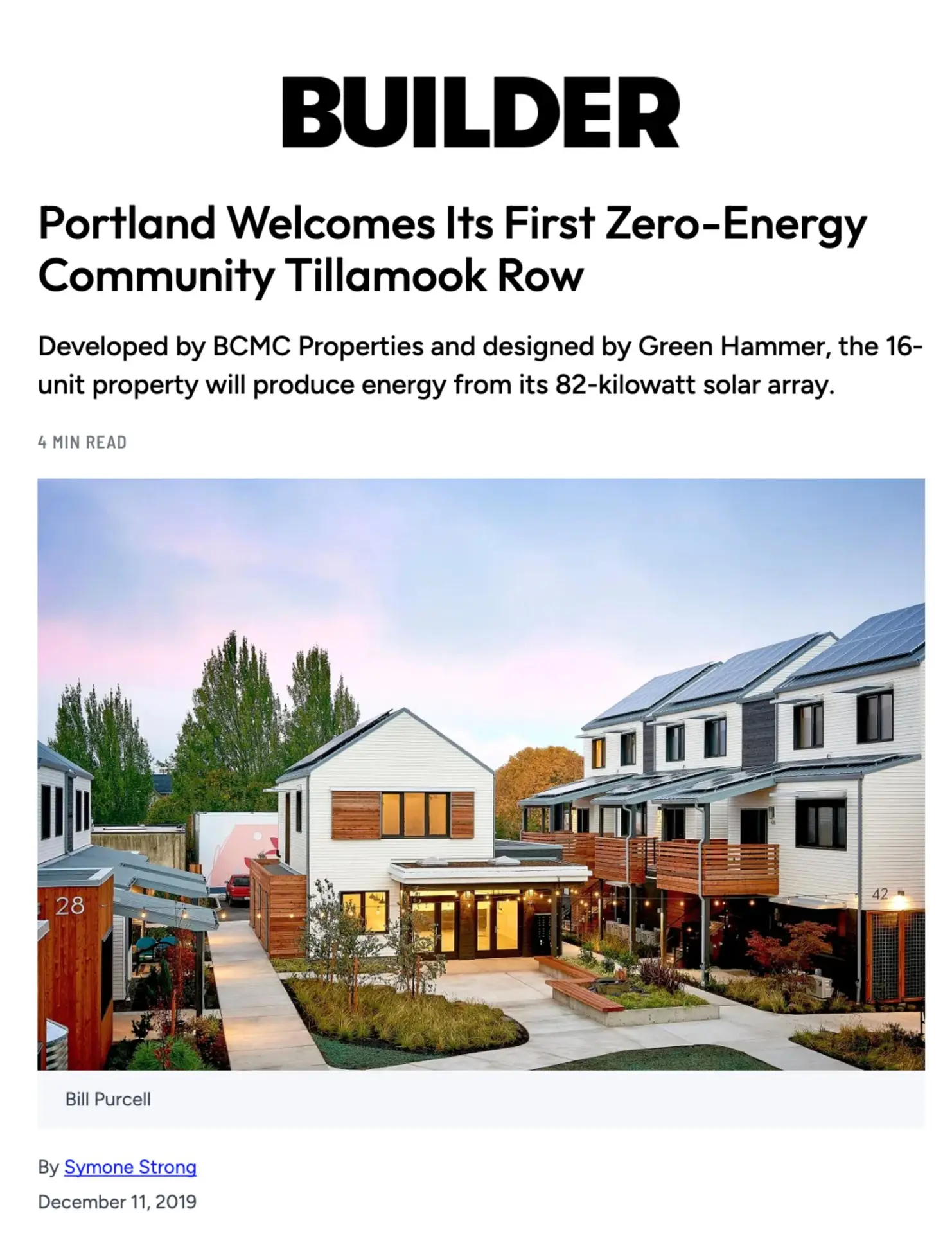 Builder Article featuring Portland's first zero-energy community, Tillamook Row.