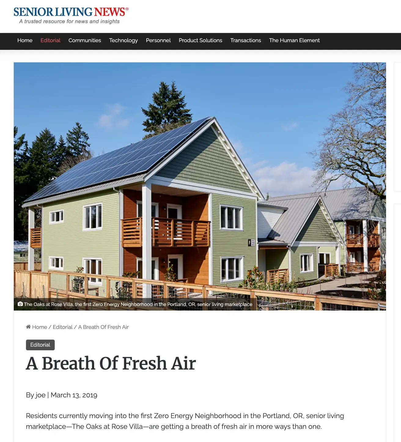 Article page from senior living talking about The Oaks at Rose Villa, the first Zero Energy neighborhood on the campus.