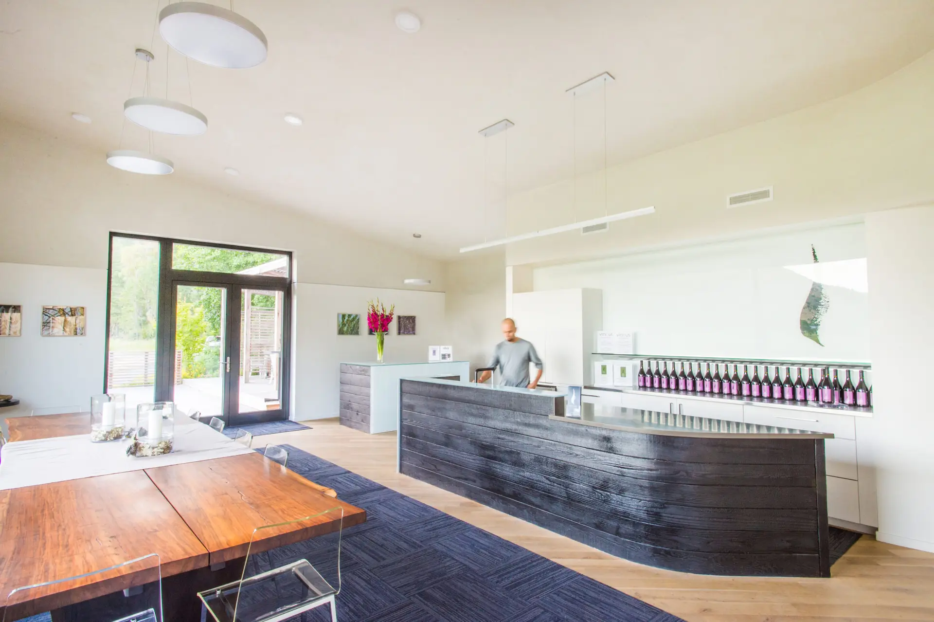 a bright interior view with a table and countertop