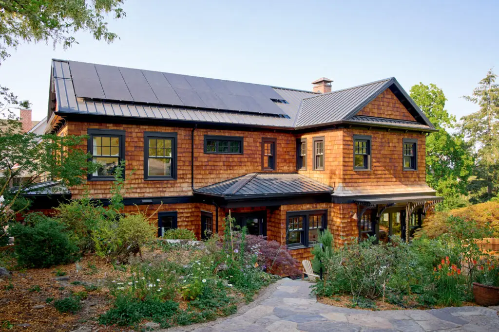 Willamette Heights House exterior, featuring cedar shake siding, craftsman detailing, and high performance Zola windows