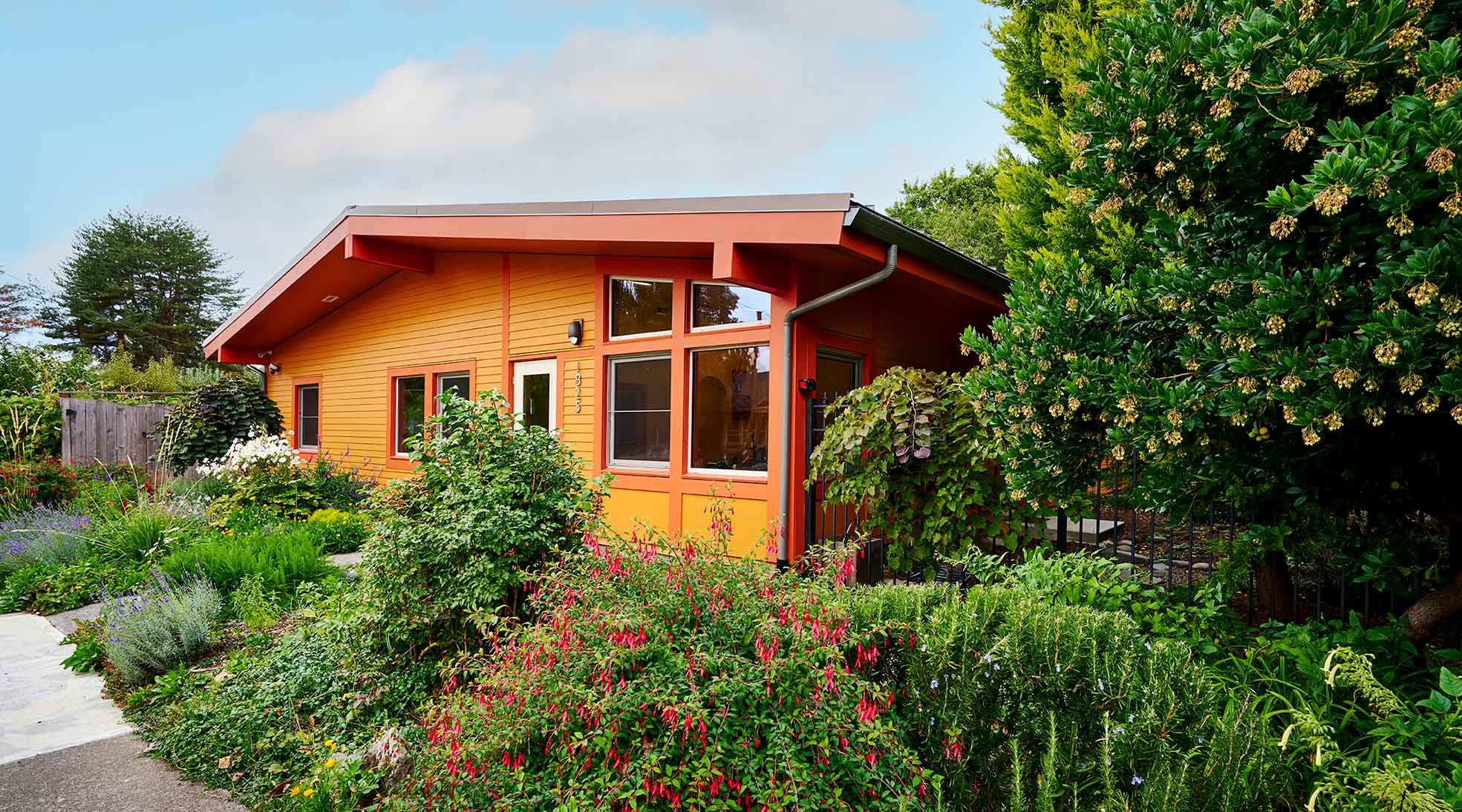 Street view of New Day, highlighting the thoughtful integration of landscape and building with colorful flowers combined with a colorful building