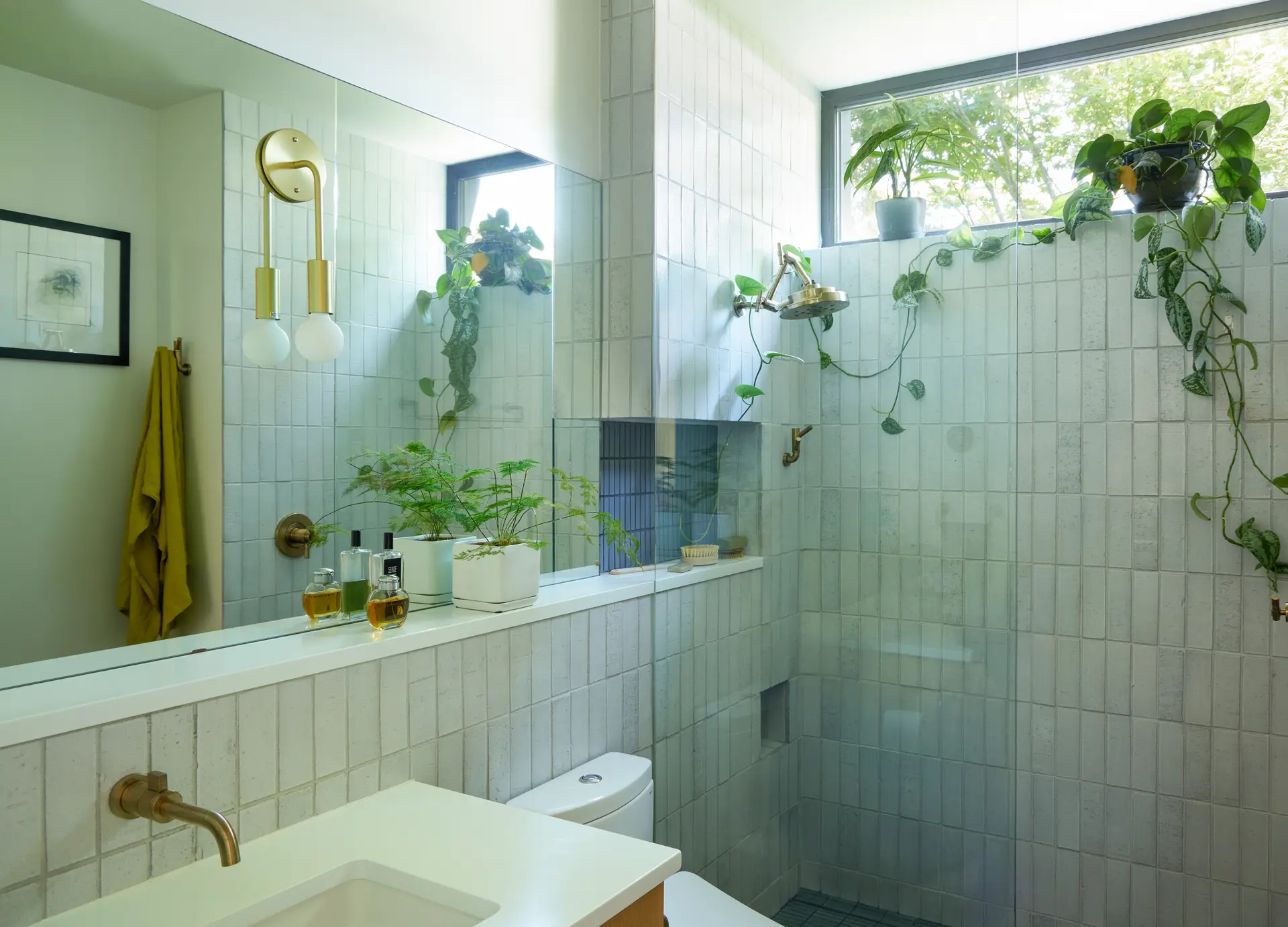the primary bathroom at Richmond residence. The image highlights beautiful light green tile, a mirror, a plants cascading down from a clerestory window