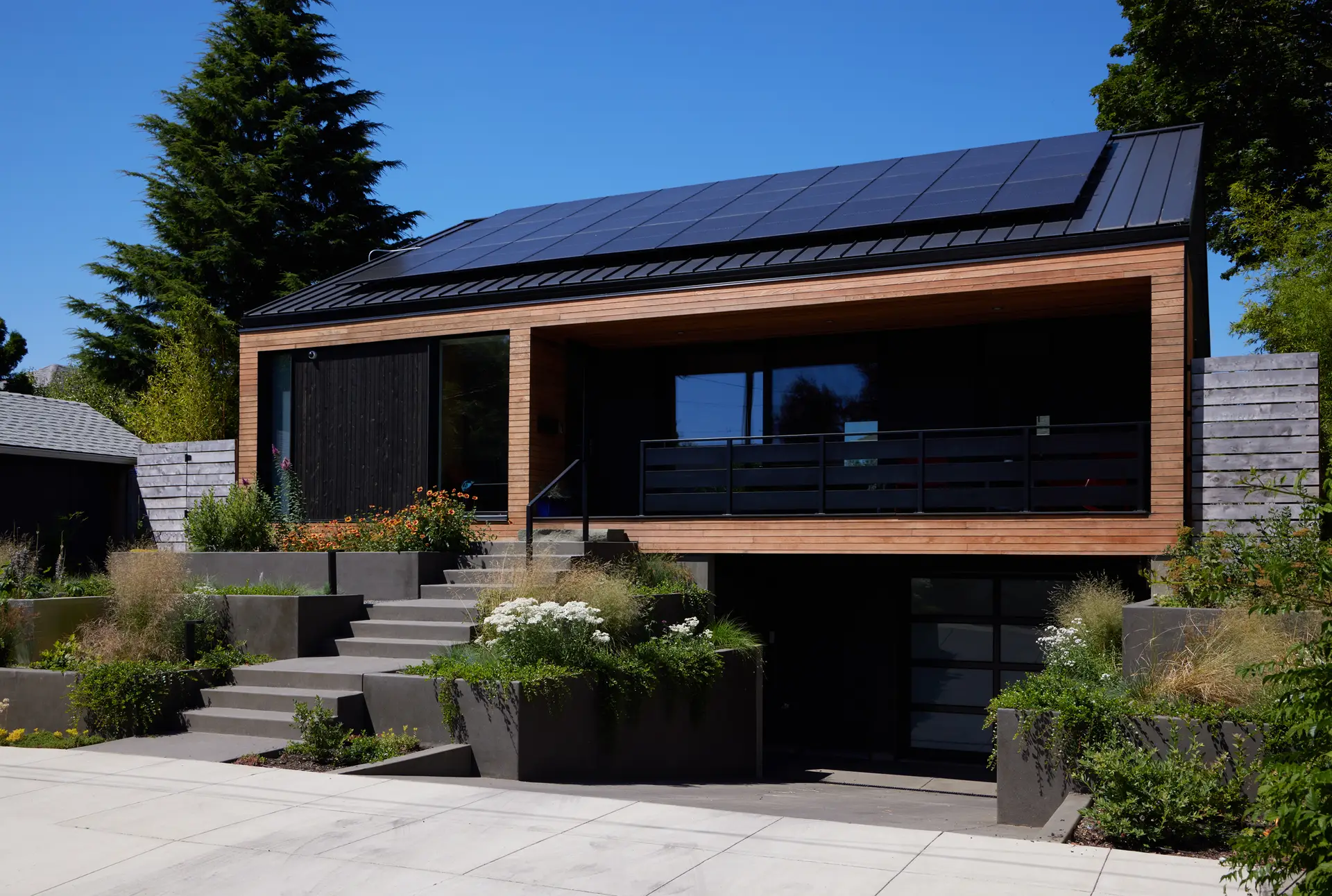 Richmond residence's front entry with stairs leading up to the front porch. The building highlights a combination of light wood siding and darker roof and complimentary siding. A large photovoltaic array is visible from this view of the roof.