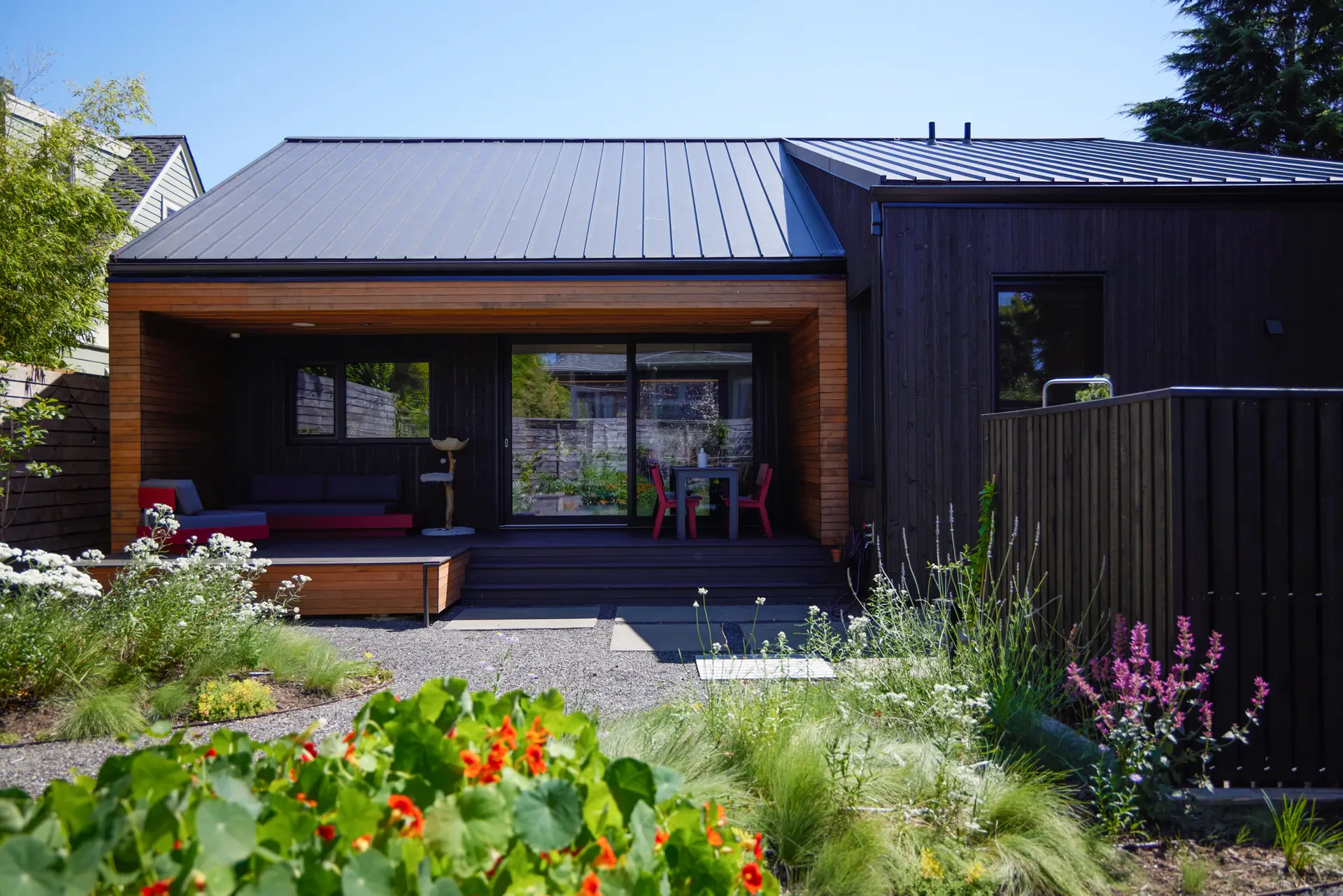 Richmond residence exterior view with a foreground of plants and the buildings combination of dark siding and light wood accents beyond