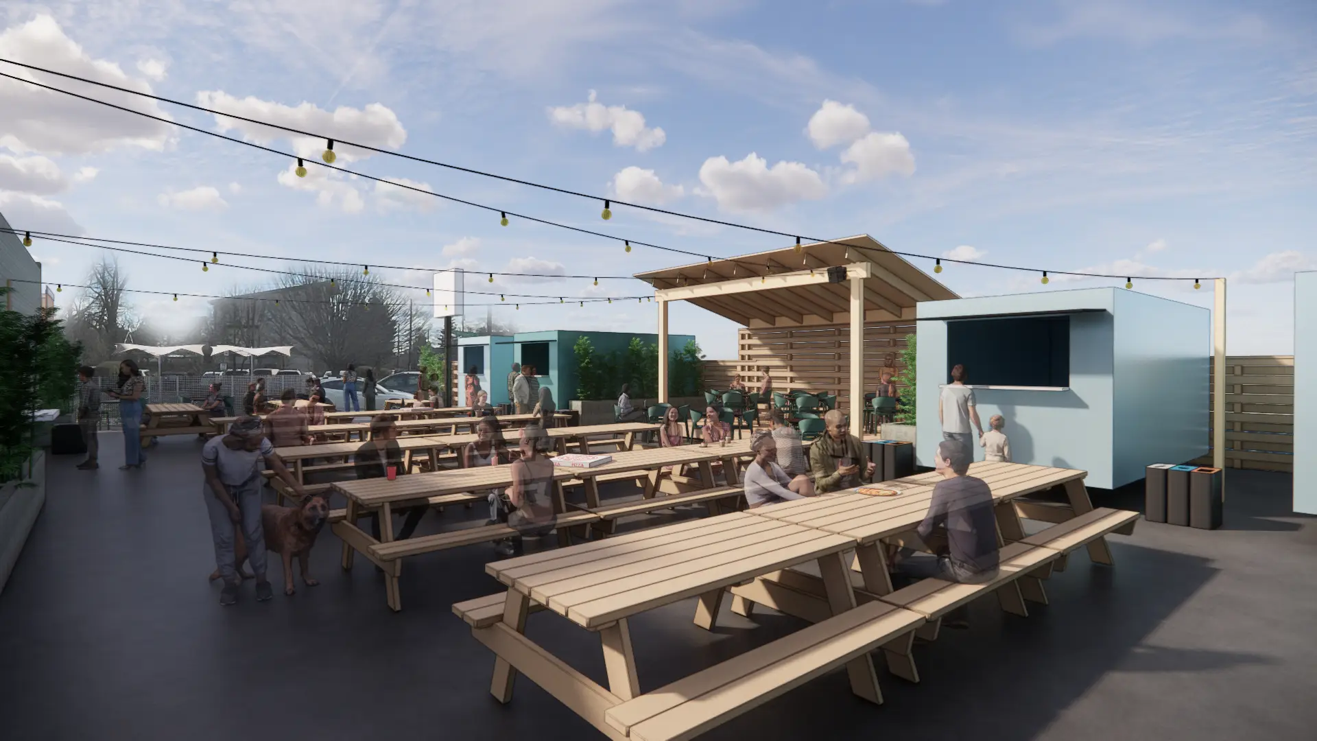 and architectural rendering of One Stop Plaza. There are people gathered at outdoor tables with string lights strewn above and a small stage in the back of the image flanked by food carts.