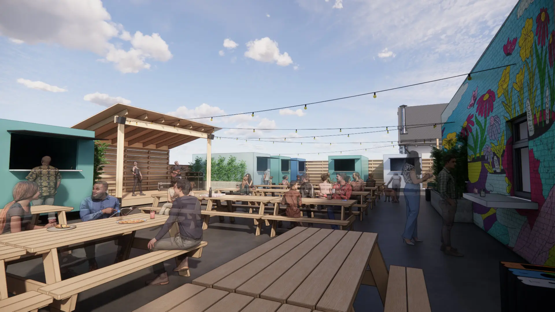 an architectural rendering, showing several outdoor tables. There are string lights above and a small stage with a band performing in the left of frame as well as food carts. The atmosphere is very lively and active.