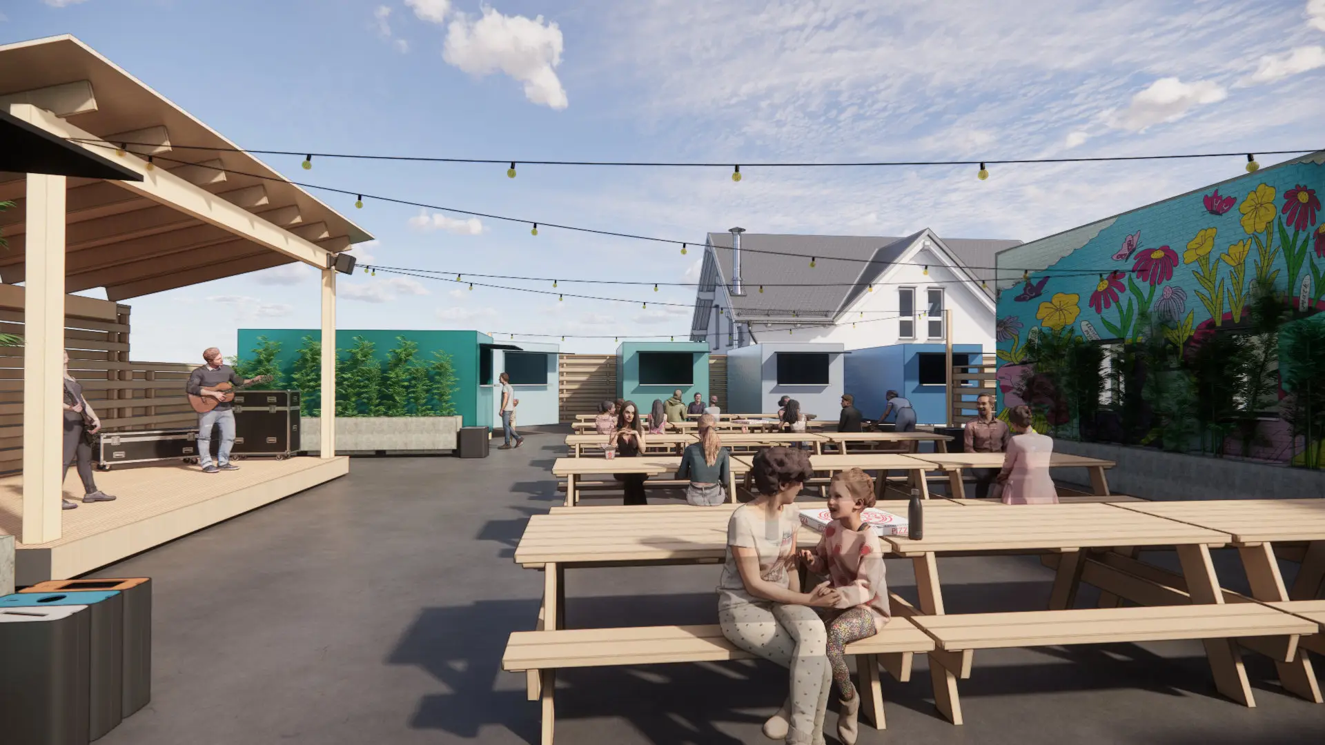 an architectural rendering, showing a mother and daughter at an outdoor table. There are string lights above and a small stage with a band performing in the left of frame.