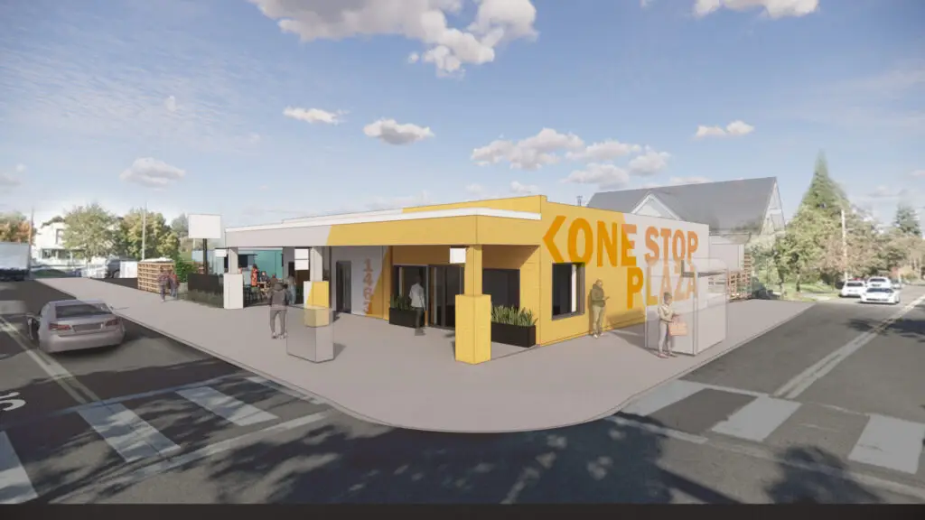 an architectural rendering, showing a corner street view of the bright yellow painted facade and bold text, reading "One Stop Plaza"