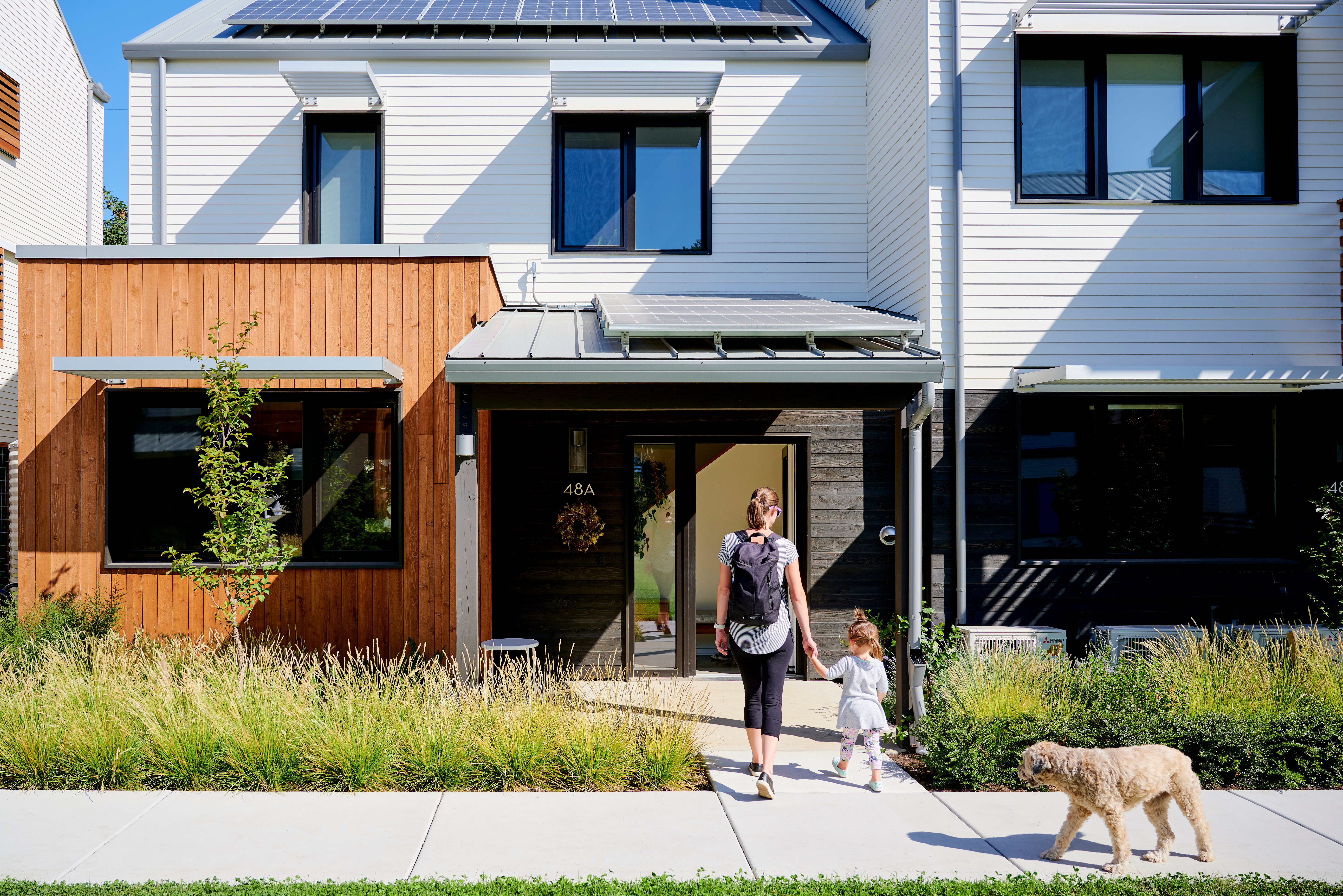 Tillamook Row, a 16-unit net-zero energy multifamily community in Portland, Oregon. The buildings feature a modern farmhouse aesthetic with white lap siding, dark-stained cedar at the base, and vertical clear-stained cedar accents at the entries.