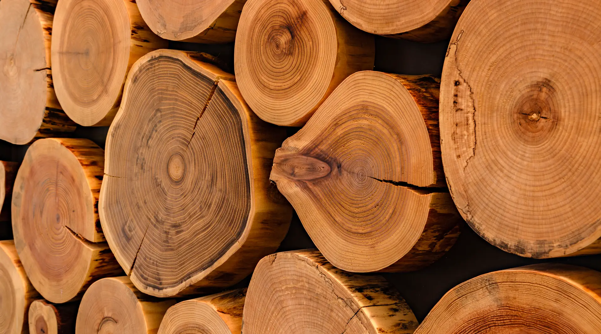 detail view of the fireplace which is cross cut sections of timbers, exposing the full grain of the wood. The design showcases a commitment to sustainability by reusing approximately 75% of the big-leaf maple and Douglas fir trees that were originally felled on-site during construction. These trees were transformed into functional and decorative elements, including tables, benches, and this unique focal wall.