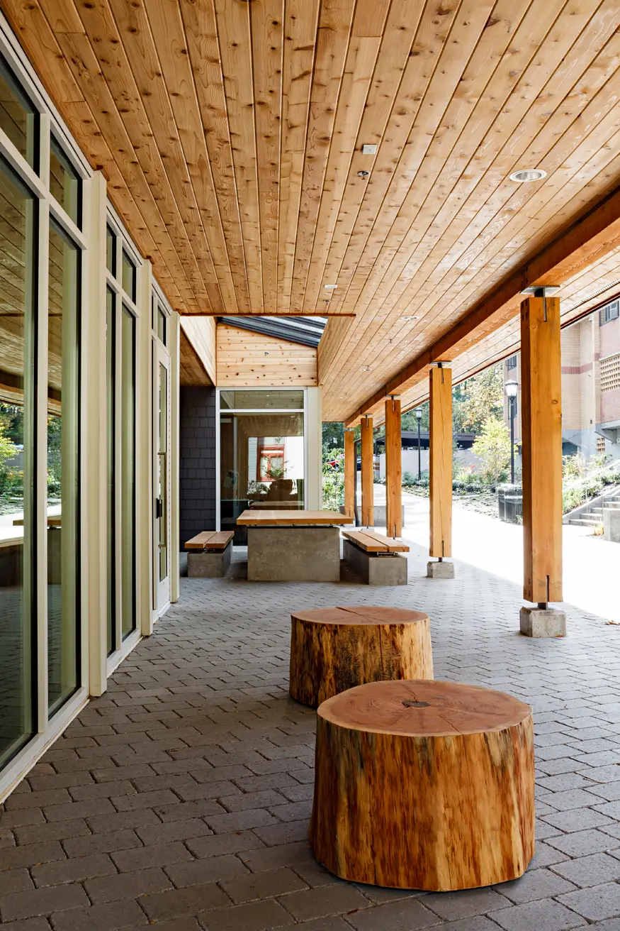 Lewis and Clark college, showing a several stumps that are a common theme in the project. The design showcases a commitment to sustainability by reusing approximately 75% of the big-leaf maple and Douglas fir trees that were originally felled on-site during construction. These trees were transformed into functional and decorative elements, including tables, benches, and this unique focal wall.