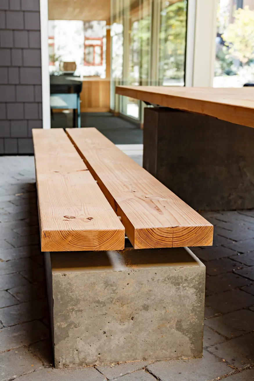 Lewis and Clark college, showing a detail view of a built in bench that is constructed of a wood board on top of a concrete plinth. The design showcases a commitment to sustainability by reusing approximately 75% of the big-leaf maple and Douglas fir trees that were originally felled on-site during construction. These trees were transformed into functional and decorative elements, including tables, benches, and this unique focal wall.