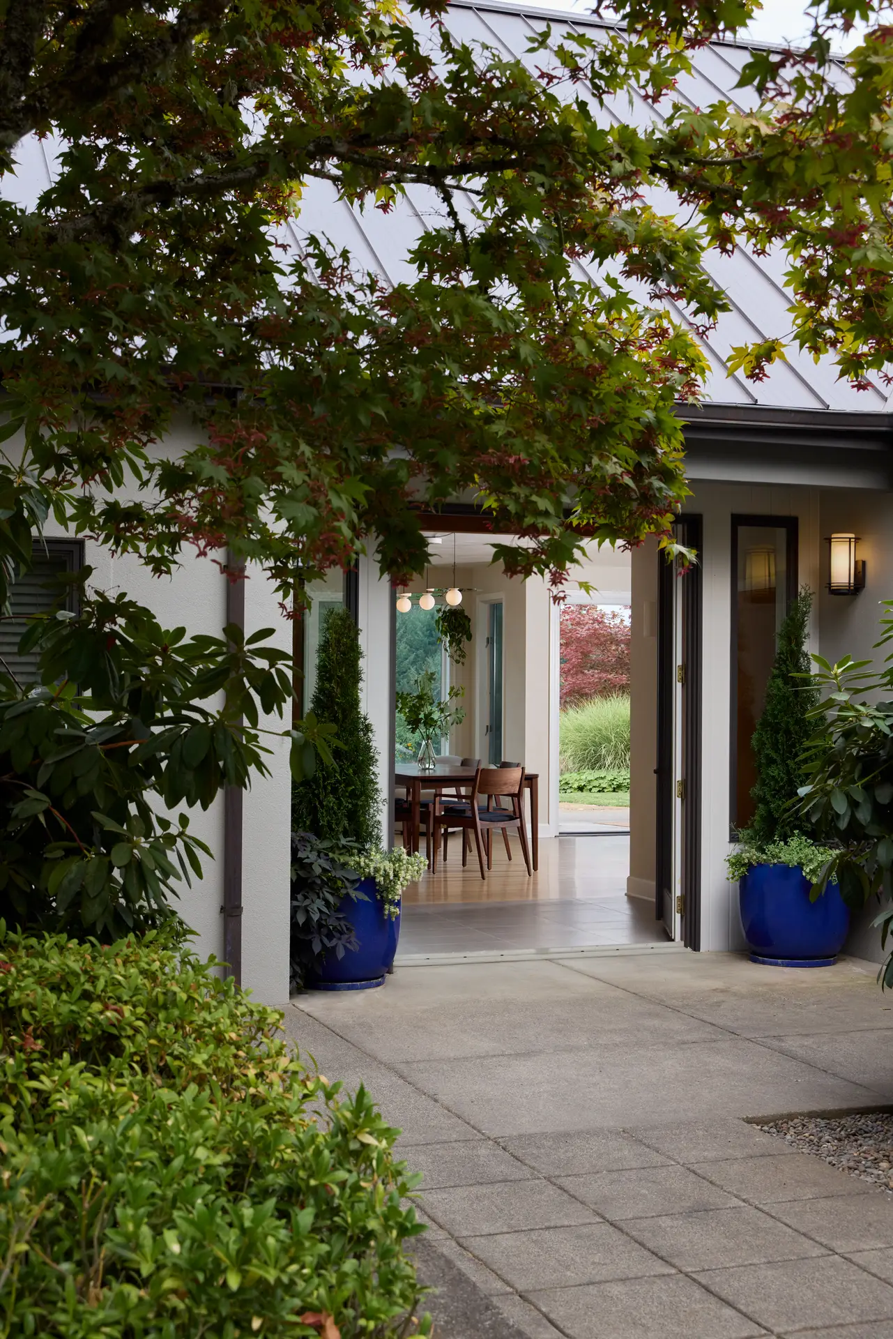 The home entry viewed through the adjacent trees. The front door is open, allowing view through into the dining room and out towards the vineyard.