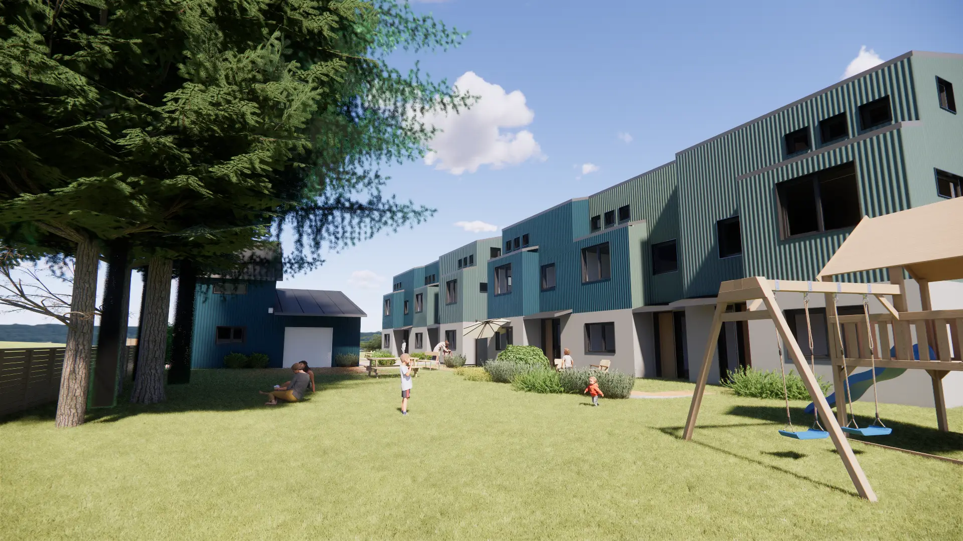 Overlook Co-housing, and unbuilt project that is rendered from the backyard as a blue and blue-green playful combination of volumes with a variation of window sizes to add to the expressive and playful nature of this project. This view also includes a playset in the right of the frame with children playing and a large grouping of trees to the left.