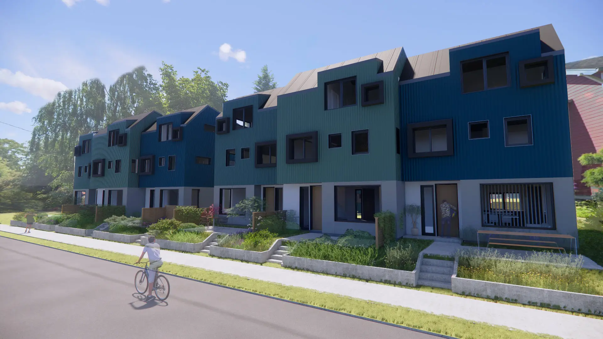 Overlook Co-housing, and unbuilt project that is rendered from the street as a blue and blue-green playful combination of volumes with a variation of window sizes to add to the expressive and playful nature of this project